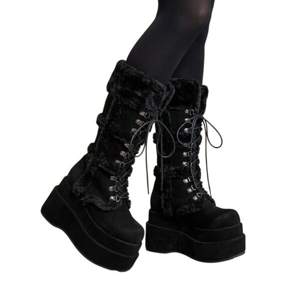 Demonia Shoes - Demonia Bear-202 Black Faux Fur Vegan Suede Platform Boots Cyber Goth Size 6 NIB